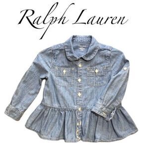Ralph Lauren Infant Girls Peplum Denim Shirt Button Front Faded Design Size 12M